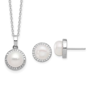 Sterling Silver Rhodium-plated 8-9.5mm White Button Freshwater Cultured Pearl and CZ 17 inch Necklace and Post Earrings Set