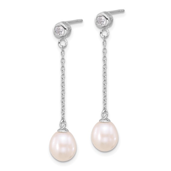 Sterling Silver Rhodium-plated 7-8mm White Teardrop Freshwater Cultured Pearl and CZ 17 inch Necklace and Post Dangle Earrings Set