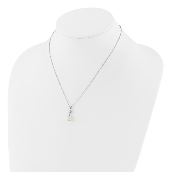 Sterling Silver Rhodium-plated 7-8mm White Teardrop Freshwater Cultured Pearl and CZ 17 inch Necklace and Post Dangle Earrings Set