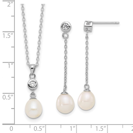 Sterling Silver Rhodium-plated 7-8mm White Teardrop Freshwater Cultured Pearl and CZ 17 inch Necklace and Post Dangle Earrings Set
