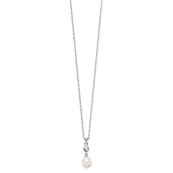 Sterling Silver Rhodium-plated 7-8mm White Teardrop Freshwater Cultured Pearl and CZ 17 inch Necklace and Post Dangle Earrings Set