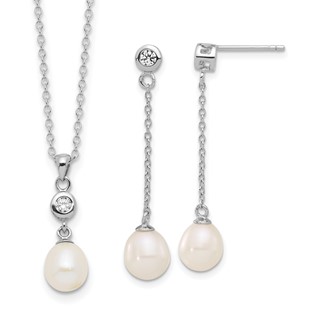 Sterling Silver Rhodium-plated 7-8mm White Teardrop Freshwater Cultured Pearl and CZ 17 inch Necklace and Post Dangle Earrings Set