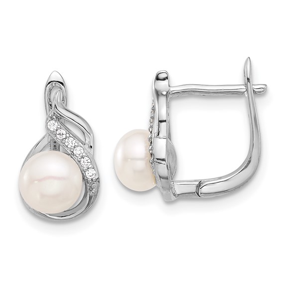 Sterling Silver Rhodium-plated 6-9mm White Button Freshwater Cultured Pearl and CZ 17 inch Necklace and Leverback Earrings Set