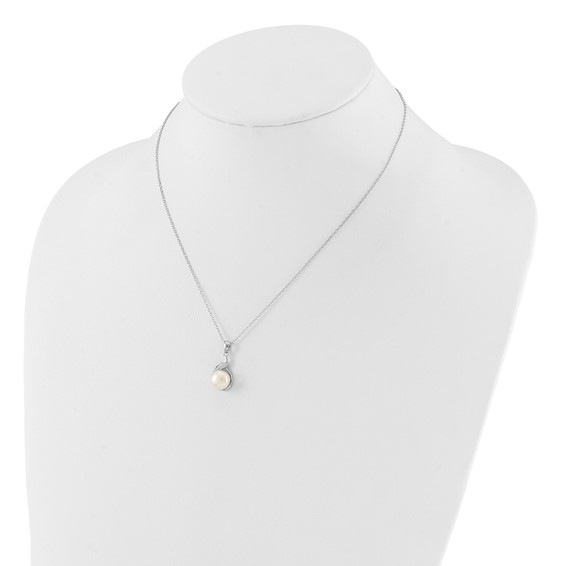 Sterling Silver Rhodium-plated 6-9mm White Button Freshwater Cultured Pearl and CZ 17 inch Necklace and Leverback Earrings Set