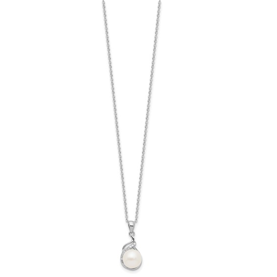 Sterling Silver Rhodium-plated 6-9mm White Button Freshwater Cultured Pearl and CZ 17 inch Necklace and Leverback Earrings Set