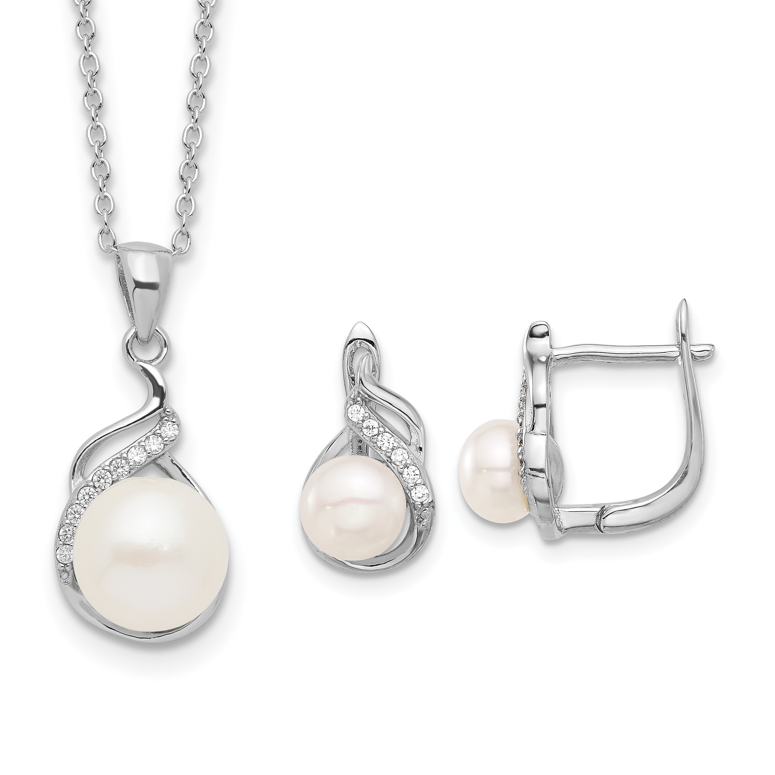 Sterling Silver Rhodium-plated 6-9mm White Button Freshwater Cultured Pearl and CZ 17 inch Necklace and Leverback Earrings Set (QH5816SET)