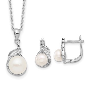 Sterling Silver Rhodium-plated 6-9mm White Button Freshwater Cultured Pearl and CZ 17 inch Necklace and Leverback Earrings Set