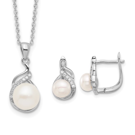 Sterling Silver Rhodium-plated 6-9mm White Button Freshwater Cultured Pearl and CZ 17 inch Necklace and Leverback Earrings Set
