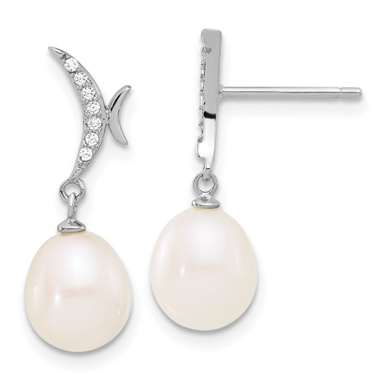 Sterling Silver Rhodium-plated 7-9mm White Teardrop Freshwater Cultured Pearl and CZ 18 inch Necklace and Post Dangle Earrings Set