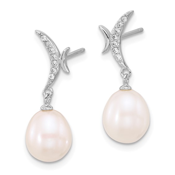 Sterling Silver Rhodium-plated 7-9mm White Teardrop Freshwater Cultured Pearl and CZ 18 inch Necklace and Post Dangle Earrings Set