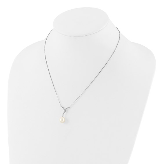 Sterling Silver Rhodium-plated 7-9mm White Teardrop Freshwater Cultured Pearl and CZ 18 inch Necklace and Post Dangle Earrings Set