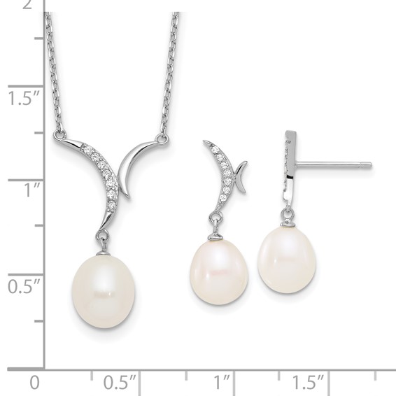 Sterling Silver Rhodium-plated 7-9mm White Teardrop Freshwater Cultured Pearl and CZ 18 inch Necklace and Post Dangle Earrings Set