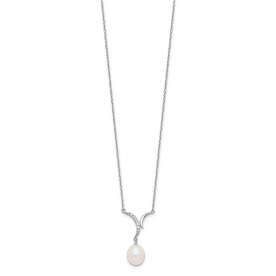 Sterling Silver Rhodium-plated 7-9mm White Teardrop Freshwater Cultured Pearl and CZ 18 inch Necklace and Post Dangle Earrings Set