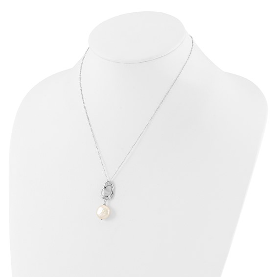 Sterling Silver Rhodium-plated 13-14mm White Coin Freshwater Cultured Pearl 17 inch Necklace and Post Dangle Earrings Set