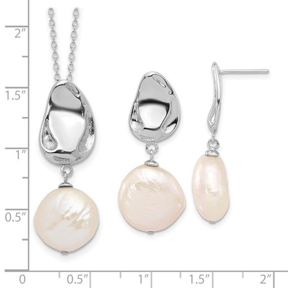 Sterling Silver Rhodium-plated 13-14mm White Coin Freshwater Cultured Pearl 17 inch Necklace and Post Dangle Earrings Set