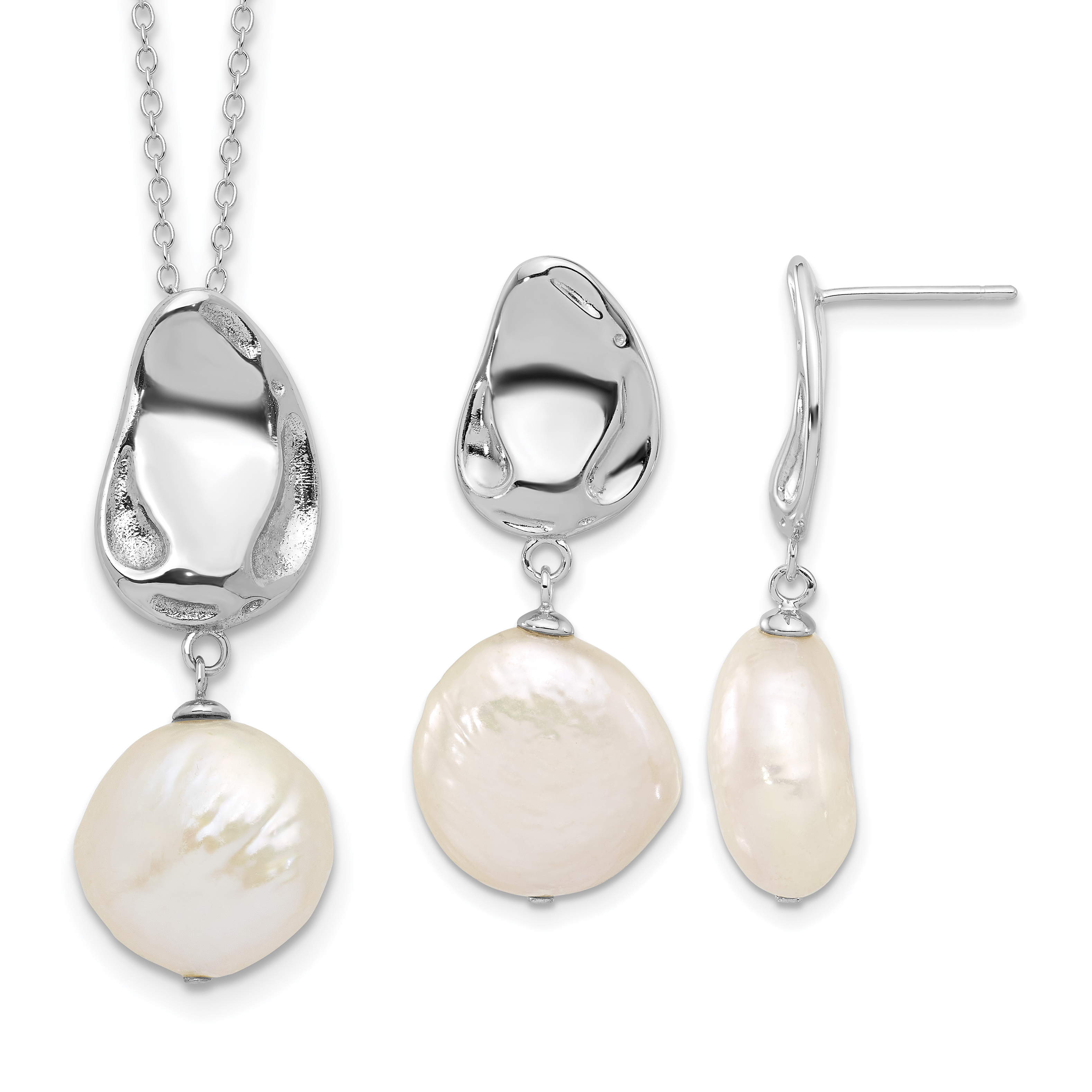 Sterling Silver Rhodium-plated 13-14mm White Coin Freshwater Cultured Pearl 17 inch Necklace and Post Dangle Earrings Set (QH5818SET)