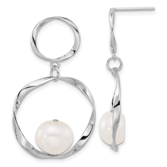 Sterling Silver Rhodium-plated 10-11mm White Button Freshwater Cultured Pearl 15.5 inch with 1.75 inch Necklace and Post Dangle Earrings Set