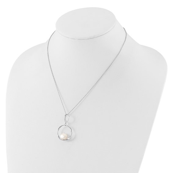 Sterling Silver Rhodium-plated 10-11mm White Button Freshwater Cultured Pearl 15.5 inch with 1.75 inch Necklace and Post Dangle Earrings Set