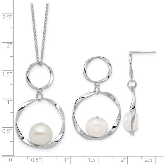 Sterling Silver Rhodium-plated 10-11mm White Button Freshwater Cultured Pearl 15.5 inch with 1.75 inch Necklace and Post Dangle Earrings Set