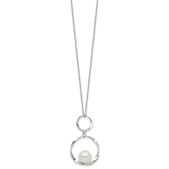 Sterling Silver Rhodium-plated 10-11mm White Button Freshwater Cultured Pearl 15.5 inch with 1.75 inch Necklace and Post Dangle Earrings Set
