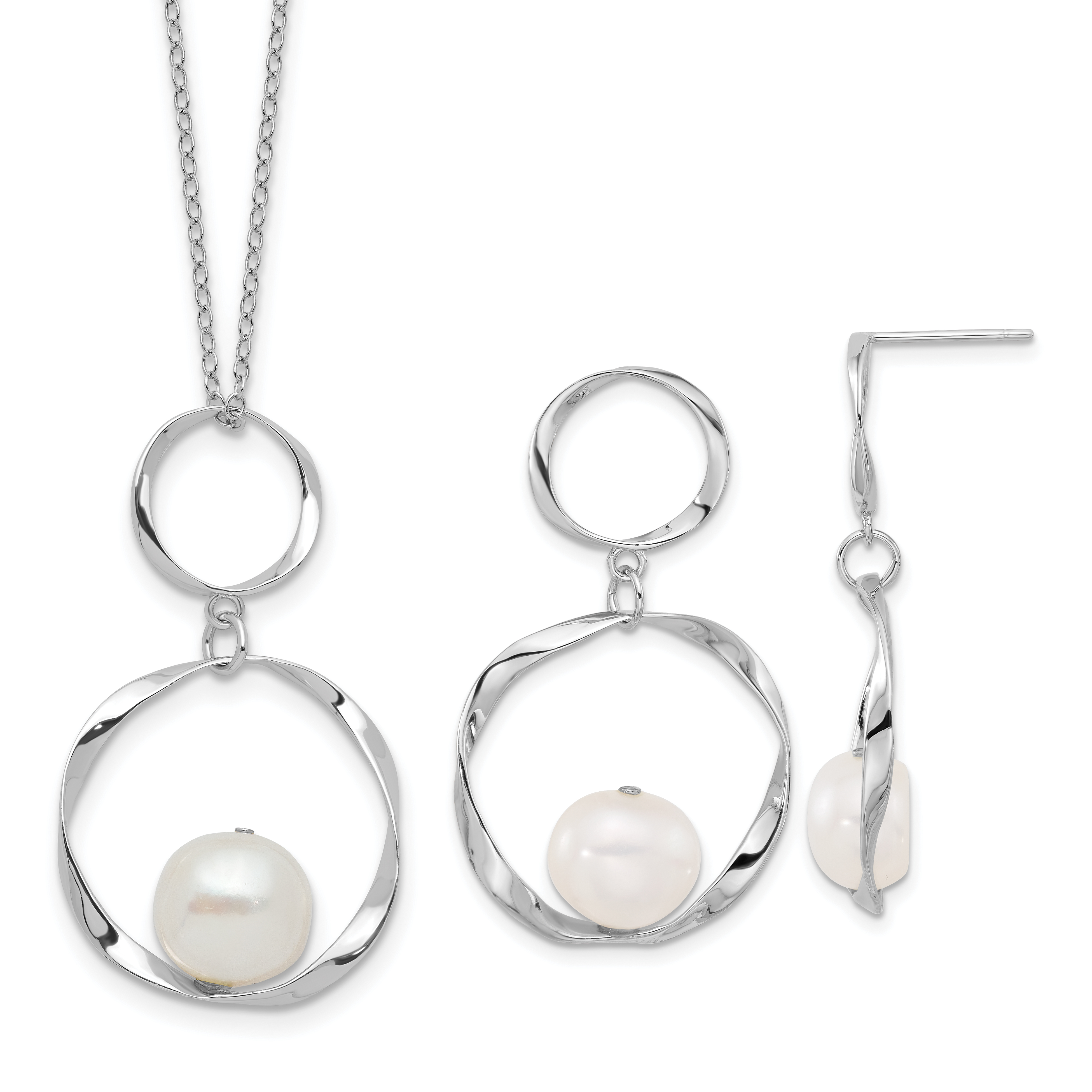 Sterling Silver Rhodium-plated 10-11mm White Button Freshwater Cultured Pearl 15.5 inch with 1.75 inch Necklace and Post Dangle Earrings Set (QH5819SET)