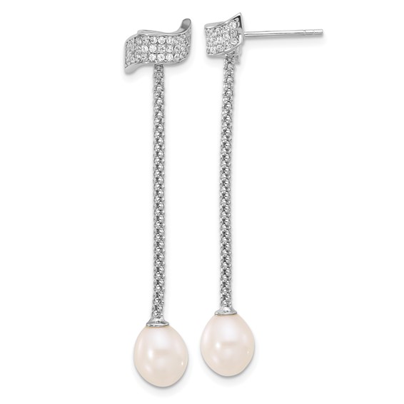 Sterling Silver Rhodium-plated 8-10mm White Teardrop Freshwater Cultured Pearl and CZ 18 inch with 2 inch Extension Necklace and Post Dangle Earrings Set