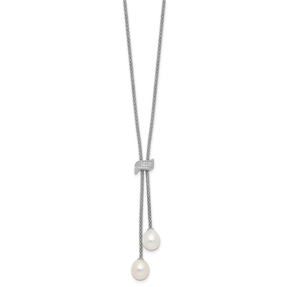 Sterling Silver Rhodium-plated 8-10mm White Teardrop Freshwater Cultured Pearl and CZ 18 inch with 2 inch Extension Necklace and Post Dangle Earrings Set