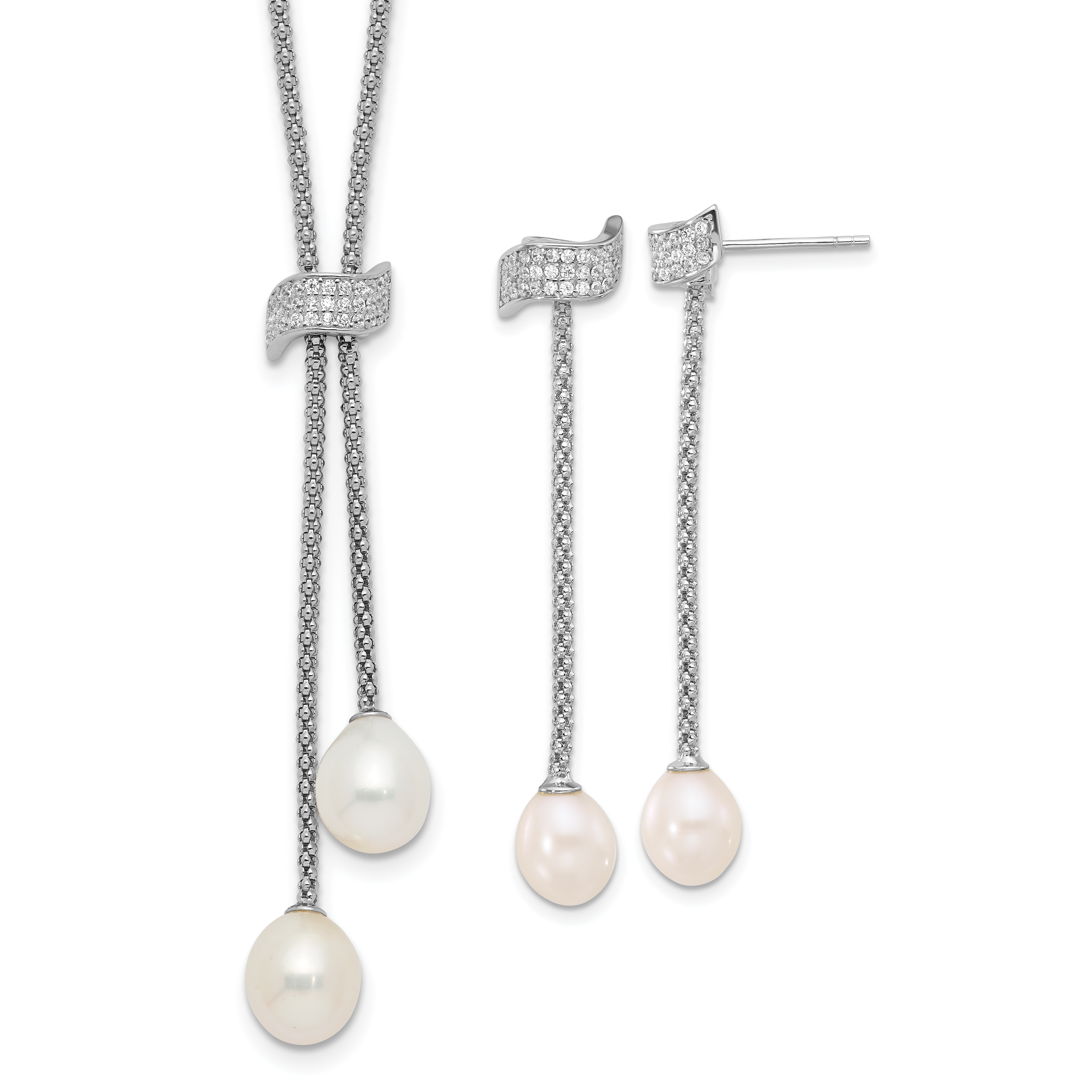 Sterling Silver Rhodium-plated 8-10mm White Teardrop Freshwater Cultured Pearl and CZ 18 inch with 2 inch Extension Necklace and Post Dangle Earrings Set (QH5820SET)
