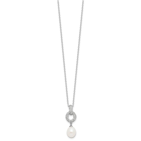 Sterling Silver Rhodium-plated 7-9mm White Teardrop Freshwater Cultured Pearl and CZ 17 inch Necklace and Post Dangle Earrings Set