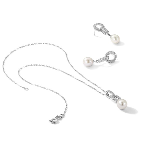 Sterling Silver Rhodium-plated 7-9mm White Teardrop Freshwater Cultured Pearl and CZ 17 inch Necklace and Post Dangle Earrings Set