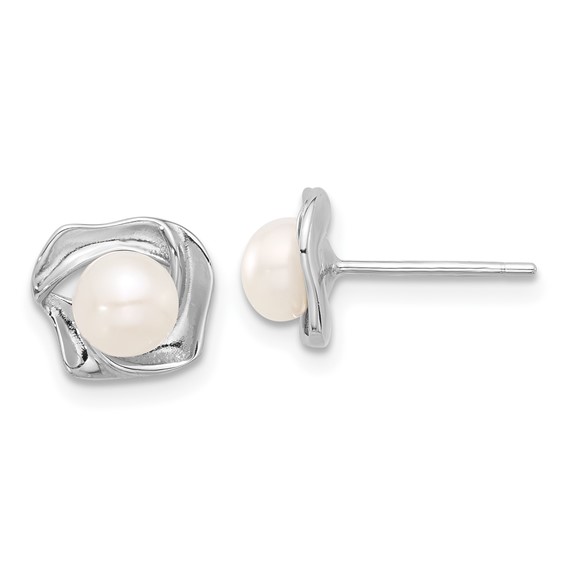 Sterling Silver Rhodium-plated 5-7mm White Button Freshwater Cultured Pearl 18 inch Necklace and Post Earrings Set