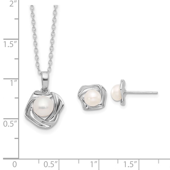 Sterling Silver Rhodium-plated 5-7mm White Button Freshwater Cultured Pearl 18 inch Necklace and Post Earrings Set