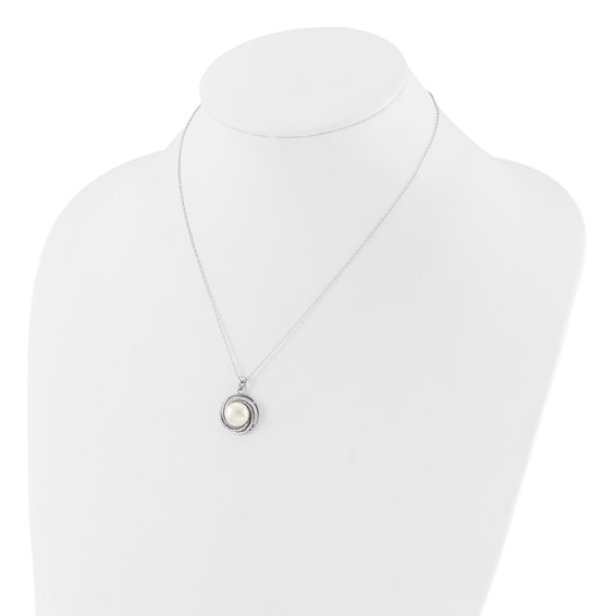 Sterling Silver Rhodium-plated 8-10mm White Button Freshwater Cultured Pearl and CZ 17 inch Necklace and Post Earrings Set