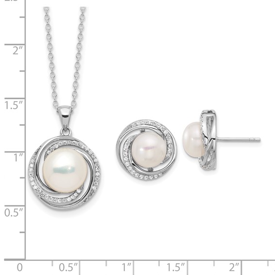 Sterling Silver Rhodium-plated 8-10mm White Button Freshwater Cultured Pearl and CZ 17 inch Necklace and Post Earrings Set