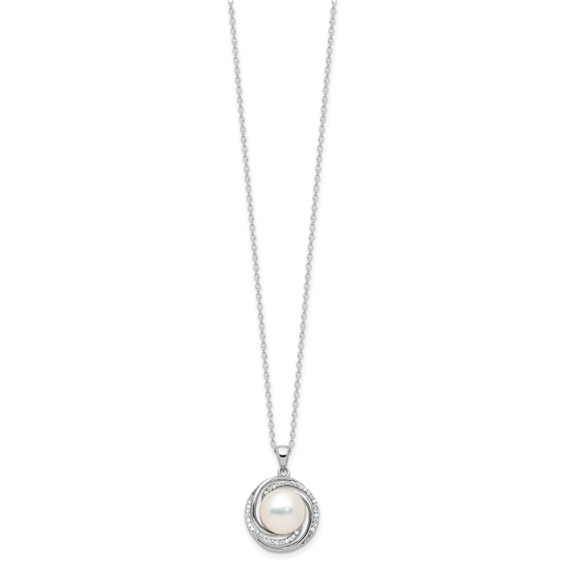 Sterling Silver Rhodium-plated 8-10mm White Button Freshwater Cultured Pearl and CZ 17 inch Necklace and Post Earrings Set