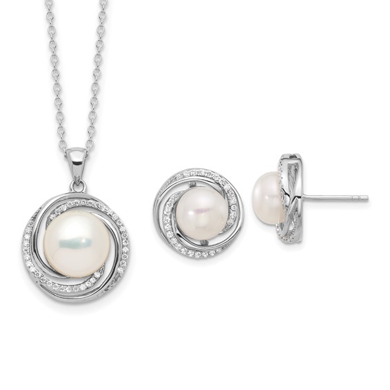 Sterling Silver Rhodium-plated 8-10mm White Button Freshwater Cultured Pearl and CZ 17 inch Necklace and Post Earrings Set