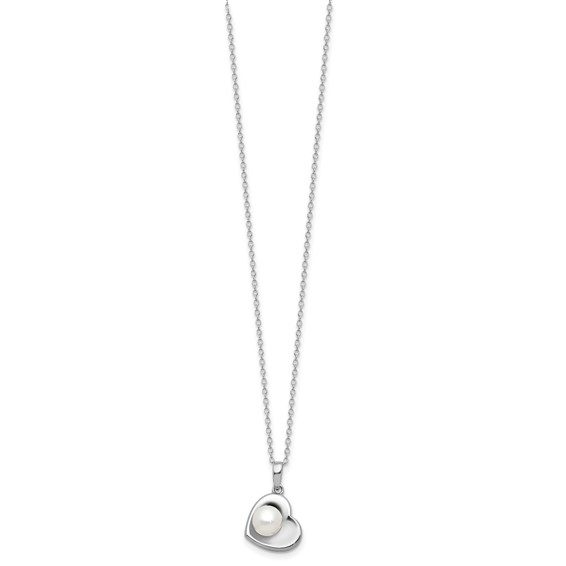 Sterling Silver Rhodium-plated 4-7mm White Button Freshwater Cultured Pearl 17.5 inch Heart Necklace and Post Earrings Set