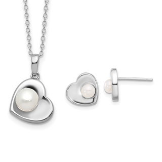 Sterling Silver Rhodium-plated 4-7mm White Button Freshwater Cultured Pearl 17.5 inch Heart Necklace and Post Earrings Set