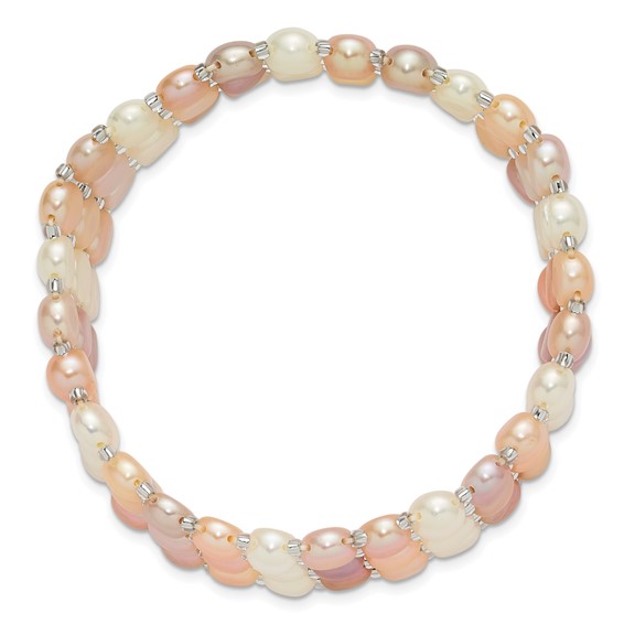 6-7mm Button White/Pink/Peach Freshwater Cultured Pearl and Glass Beaded 3-row Stretch Bracelet