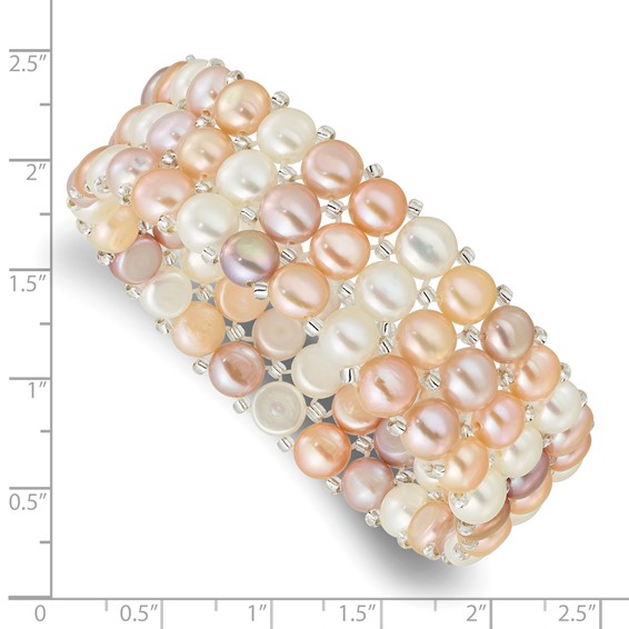 6-7mm Button White/Pink/Peach Freshwater Cultured Pearl and Glass Beaded 3-row Stretch Bracelet