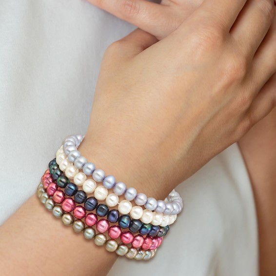 7-8mm Semi-Round Grey/White/Black/Red/Green Freshwater Cultured Pearl Stretch 5-Bracelet Set