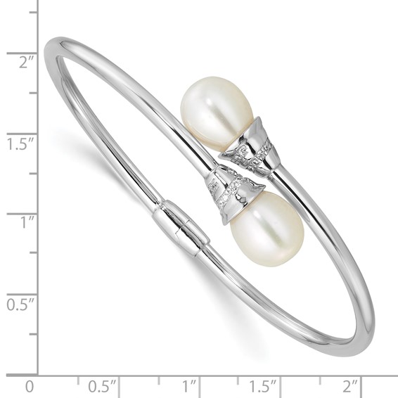 Sterling Silver Rhodium-plated 8-10mm Teardrop White Freshwater Cultured Pearl and CZ Hinged Bangle