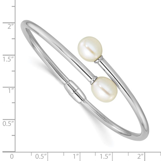 Sterling Silver Rhodium-plated 7-9mm Teardrop White Freshwater Cultured Pearl Hinged Bangle