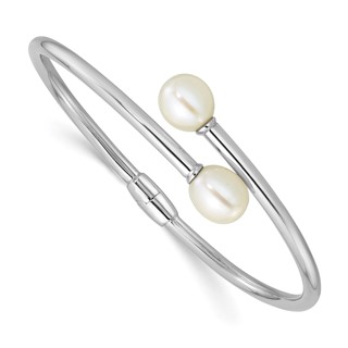 Sterling Silver Rhodium-plated 7-9mm Teardrop White Freshwater Cultured Pearl Hinged Bangle