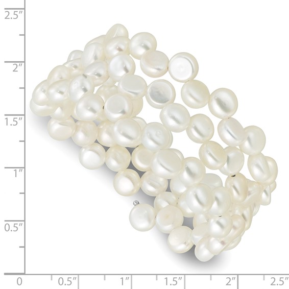 Sterling Silver Rhodium-plated 6-7mm Button White Freshwater Cultured Pearl Flexible Wrap Bracelet