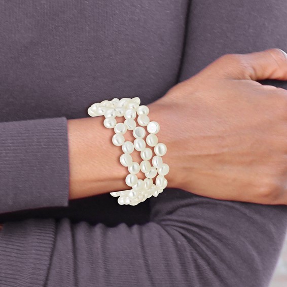 Sterling Silver Rhodium-plated 6-7mm Button White Freshwater Cultured Pearl Flexible Wrap Bracelet