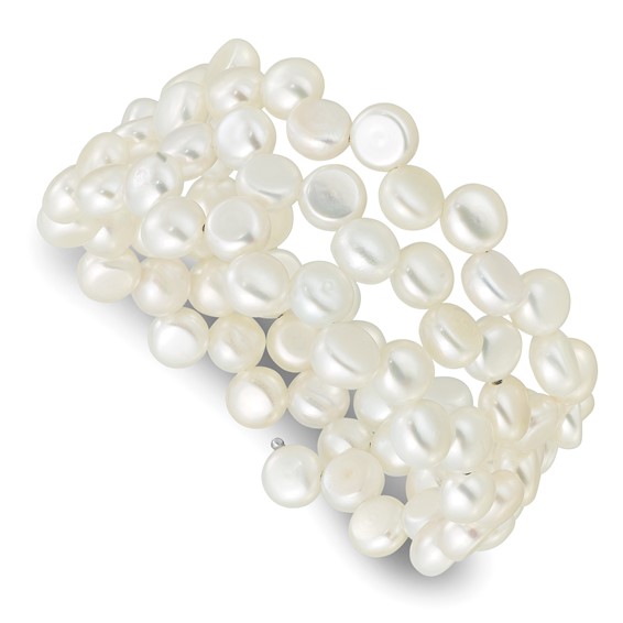 Sterling Silver Rhodium-plated 6-7mm Button White Freshwater Cultured Pearl Flexible Wrap Bracelet