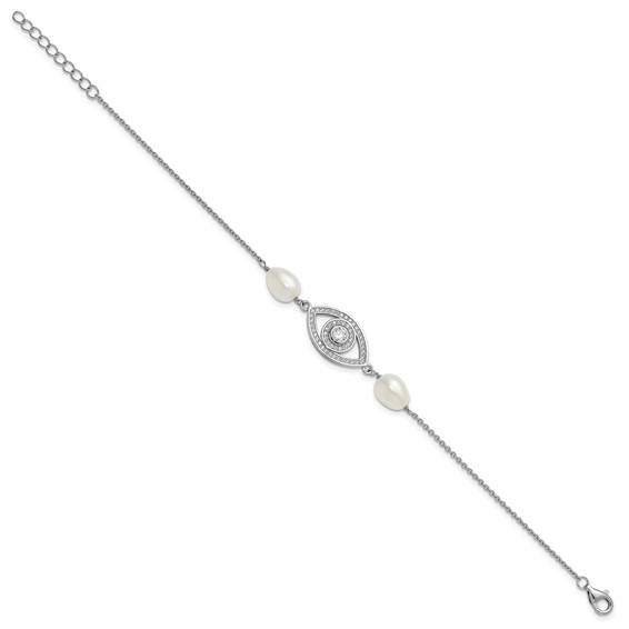 Sterling Silver Rhodium-plated 6-8mm Teardrop White Freshwater Cultured Pearl and CZ Evil Eye 7 inch with 1 inch Extender Bracelet