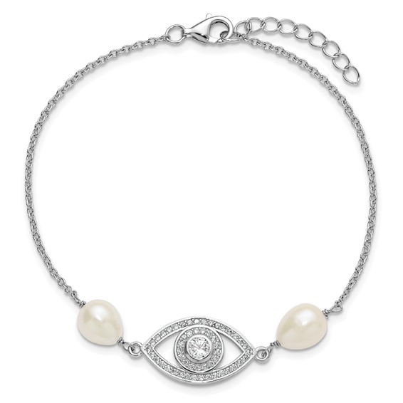 Sterling Silver Rhodium-plated 6-8mm Teardrop White Freshwater Cultured Pearl and CZ Evil Eye 7 inch with 1 inch Extender Bracelet