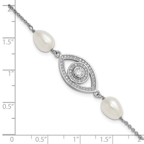 Sterling Silver Rhodium-plated 6-8mm Teardrop White Freshwater Cultured Pearl and CZ Evil Eye 7 inch with 1 inch Extender Bracelet